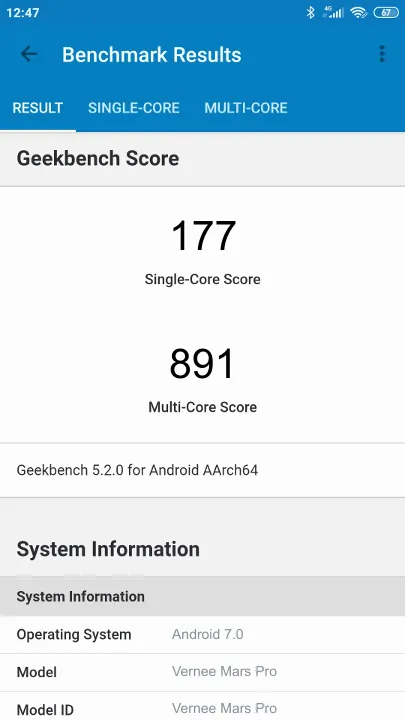 Vernee Mars Pro Geekbench benchmark score results