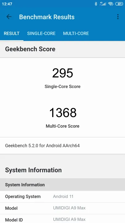 UMIDIGI A9 Max Geekbench benchmark score results