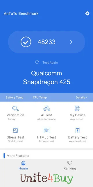 Qualcomm Snapdragon 425: Resultado de las puntuaciones de Antutu Benchmark