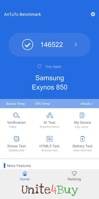 Samsung Exynos 850: Resultado de las puntuaciones de Antutu Benchmark