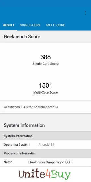 Qualcomm Snapdragon 660: Resultado de las puntuaciones de GeekBench Benchmark
