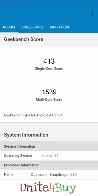 Qualcomm Snapdragon 680: Resultado de las puntuaciones de GeekBench Benchmark