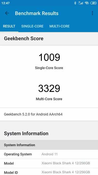 Wyniki testu Xiaomi Black Shark 4 12/256GB Geekbench Benchmark