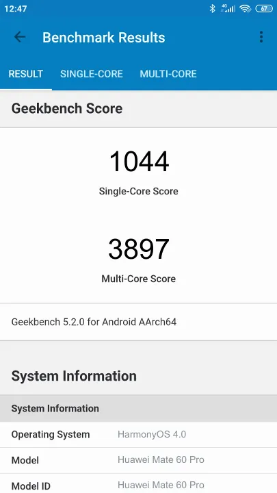 Wyniki testu Huawei Mate 60 Pro Geekbench Benchmark