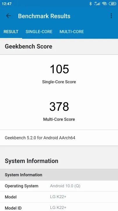 Wyniki testu LG K22+ Geekbench Benchmark