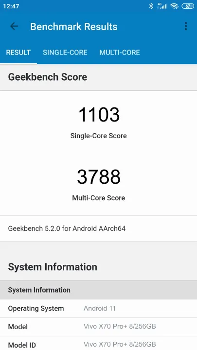 Wyniki testu Vivo X70 Pro+ 8/256GB Geekbench Benchmark