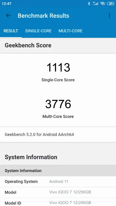 Wyniki testu Vivo IQOO 7 12/256GB Geekbench Benchmark