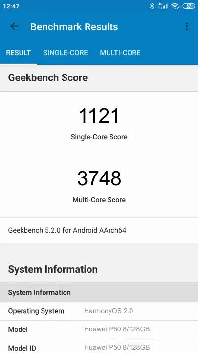 Wyniki testu Huawei P50 8/128GB Geekbench Benchmark