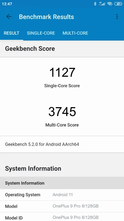 Wyniki testu OnePlus 9 Pro 8/128GB Geekbench Benchmark