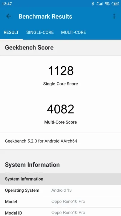 Wyniki testu Oppo Reno10 Pro Geekbench Benchmark