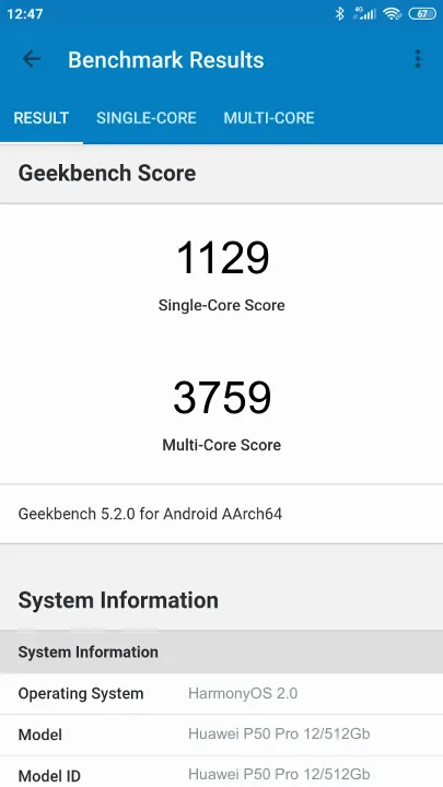Wyniki testu Huawei P50 Pro 12/512Gb Geekbench Benchmark