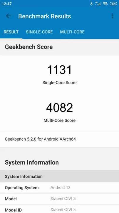 Wyniki testu Xiaomi CIVI 3 Geekbench Benchmark