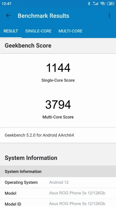 Asus ROG Phone 5s 12/128Gb Geekbench benchmark: classement et résultats scores de tests