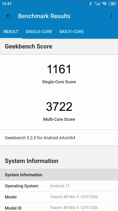 Wyniki testu Xiaomi Mi Mix 4 12/512Gb Geekbench Benchmark