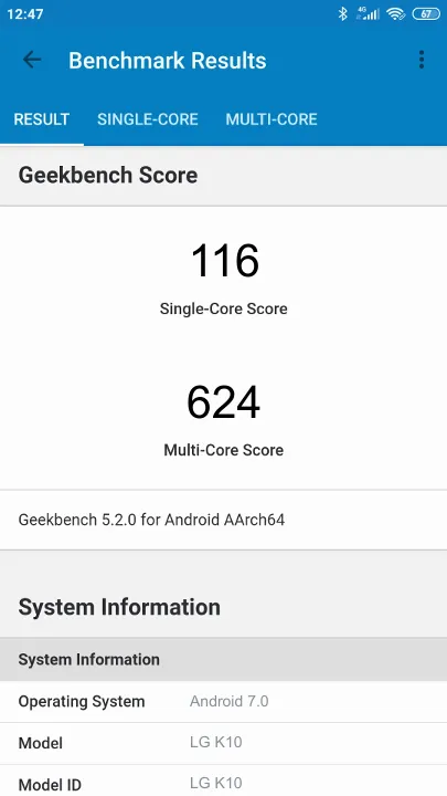 Wyniki testu LG K10 Geekbench Benchmark