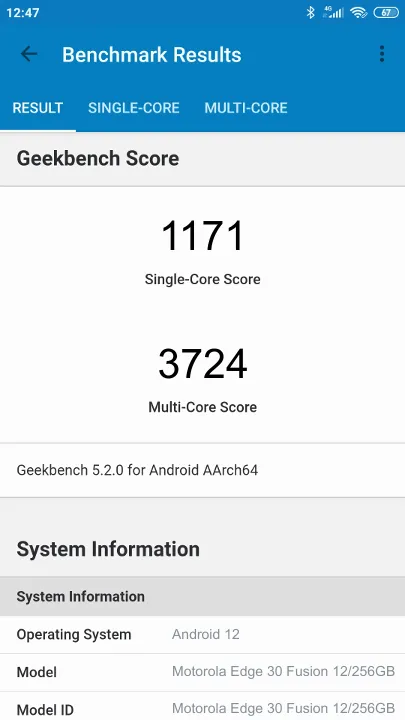 Wyniki testu Motorola Edge 30 Fusion 12/256GB Geekbench Benchmark