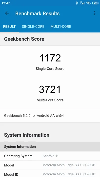 Punteggi Motorola Moto Edge S30 8/128GB Geekbench Benchmark