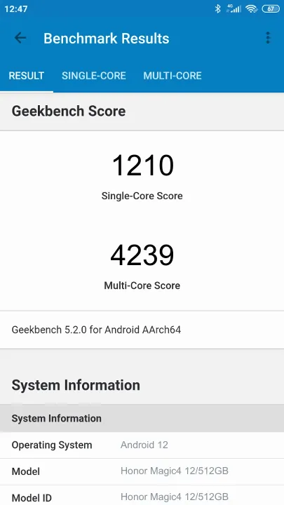 Wyniki testu Honor Magic4 12/512GB Geekbench Benchmark