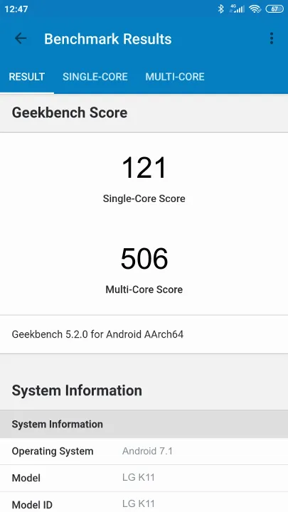 Wyniki testu LG K11 Geekbench Benchmark