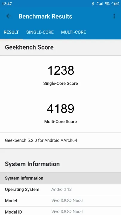 Wyniki testu Vivo IQOO Neo6 8/128GB Geekbench Benchmark