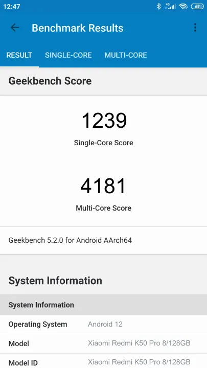 Wyniki testu Xiaomi Redmi K50 Pro 8/128GB Geekbench Benchmark