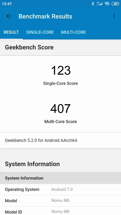 Wyniki testu Nomu M6 Geekbench Benchmark
