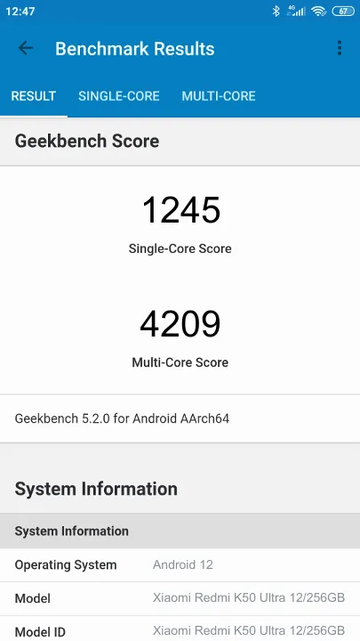 Wyniki testu Xiaomi Redmi K50 Ultra 12/256GB Geekbench Benchmark