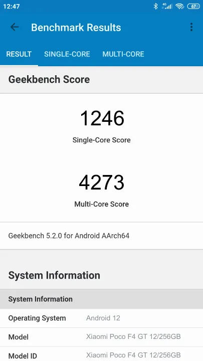 Wyniki testu Xiaomi Poco F4 GT 12/256GB Geekbench Benchmark