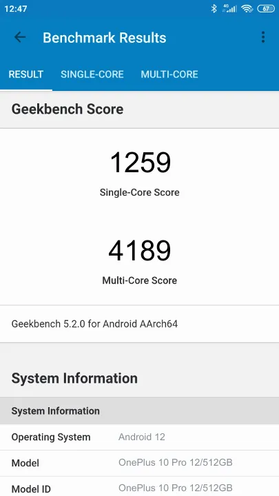 OnePlus 10 Pro 12/512GB Geekbench benchmark: classement et résultats scores de tests