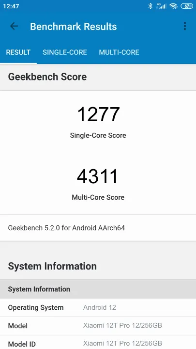 Wyniki testu Xiaomi 12T Pro 12/256GB Geekbench Benchmark