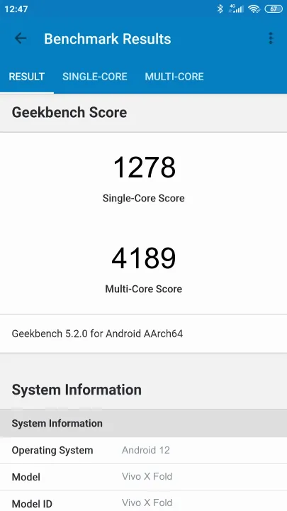 Wyniki testu Vivo X Fold 12/256GB Geekbench Benchmark