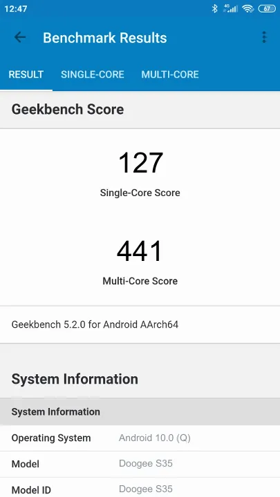 Wyniki testu Doogee S35 Geekbench Benchmark