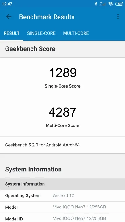 Wyniki testu Vivo IQOO Neo7 12/256GB Geekbench Benchmark