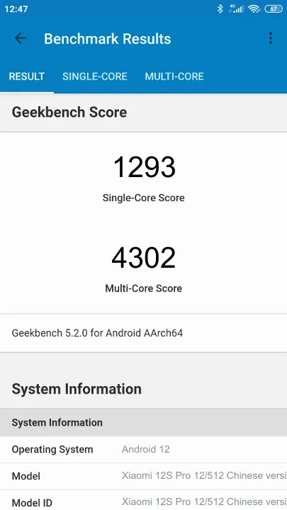 Xiaomi 12S Pro 12/512 Chinese version Geekbench benchmark: classement et résultats scores de tests