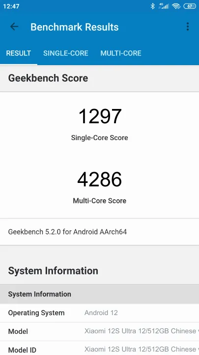 Xiaomi 12S Ultra 12/512GB Chinese version Geekbench benchmark: classement et résultats scores de tests