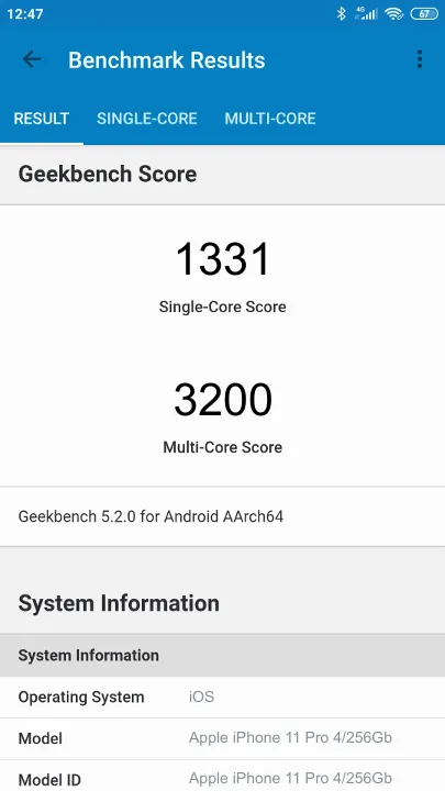 Wyniki testu Apple iPhone 11 Pro 4/256Gb Geekbench Benchmark