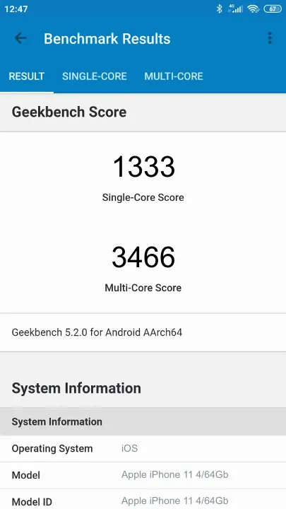 Punteggi Apple iPhone 11 4/64Gb Geekbench Benchmark