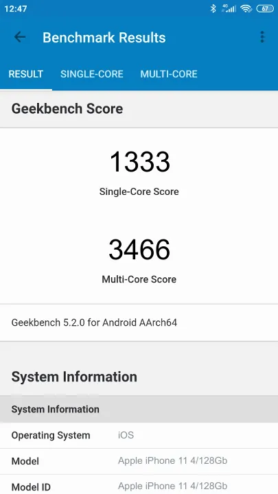 Wyniki testu Apple iPhone 11 4/128Gb Geekbench Benchmark