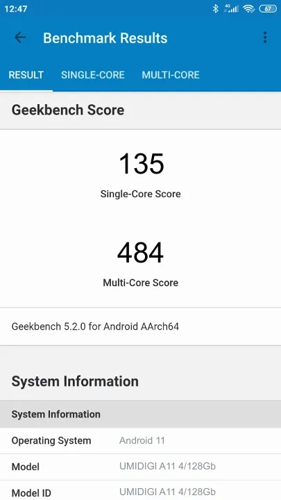 Wyniki testu UMIDIGI A11 4/128Gb Geekbench Benchmark