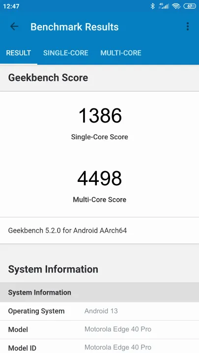 Wyniki testu Motorola Edge 40 Pro Geekbench Benchmark