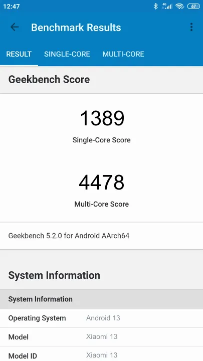 Punteggi Xiaomi 13 8/128GB Geekbench Benchmark