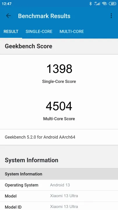 Wyniki testu Xiaomi 13 Ultra 12/256GB Geekbench Benchmark