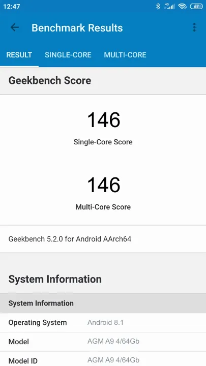 Wyniki testu AGM A9 4/64Gb Geekbench Benchmark