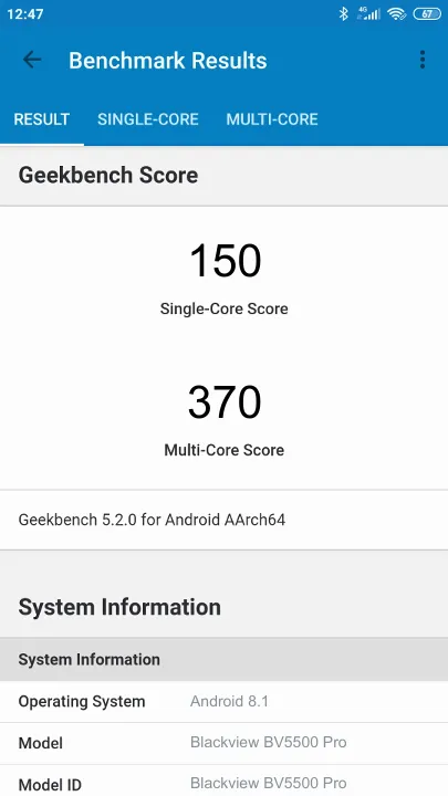 Wyniki testu Blackview BV5500 Pro Geekbench Benchmark