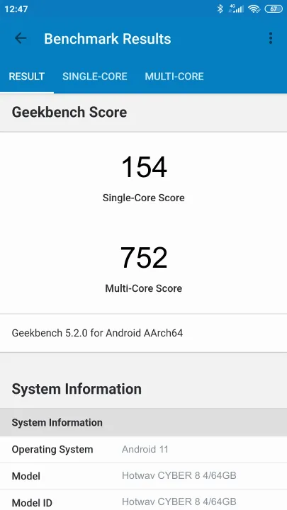 Wyniki testu Hotwav CYBER 8 4/64GB Geekbench Benchmark