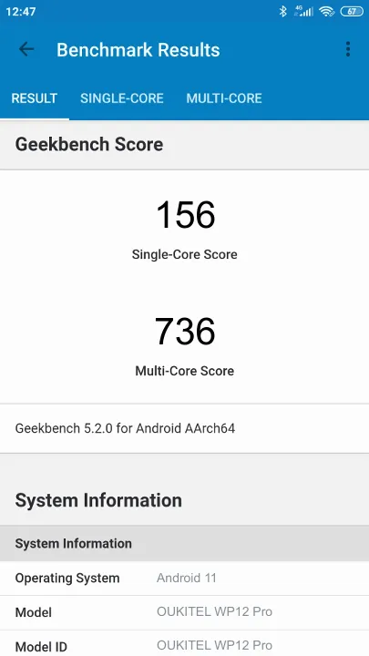 Wyniki testu OUKITEL WP12 Pro Geekbench Benchmark