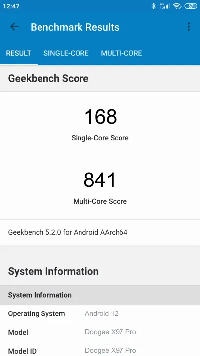 Wyniki testu Doogee X97 Pro Geekbench Benchmark
