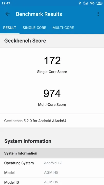 Pontuações do AGM H5 Geekbench Benchmark