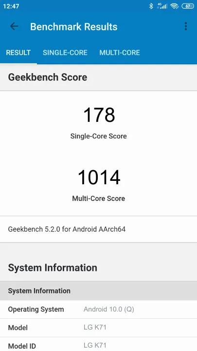 Wyniki testu LG K71 Geekbench Benchmark