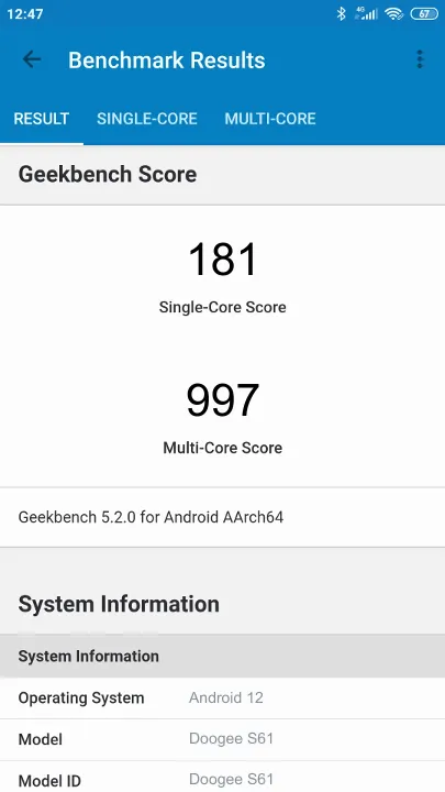 Wyniki testu Doogee S61 Geekbench Benchmark